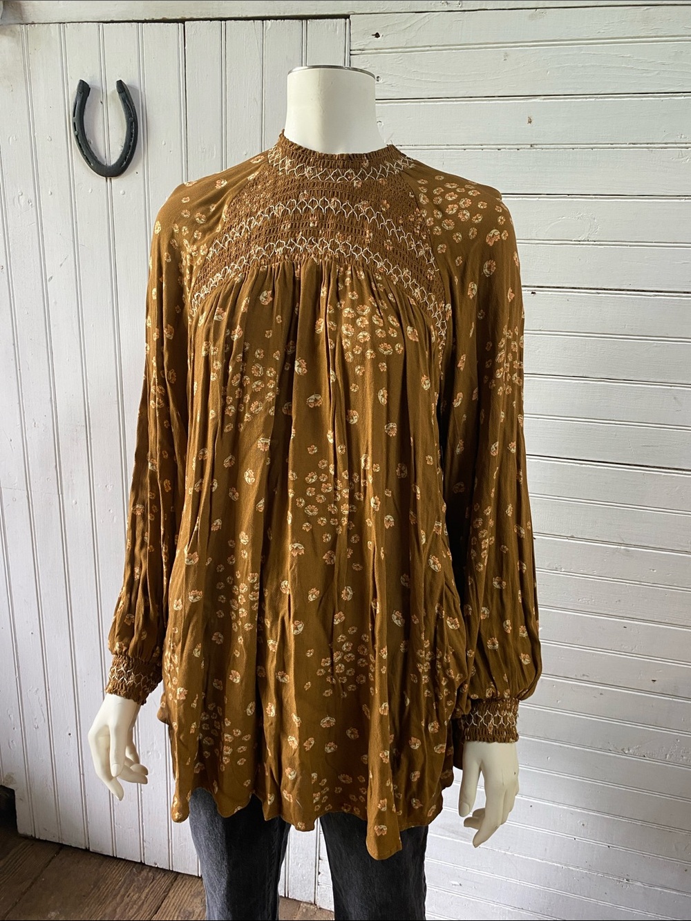 Free People Mustard Brown Floral Smocked Yoke Blouse